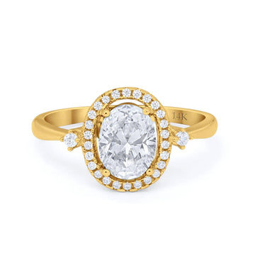 14K Yellow Gold Art Deco Halo Oval Simulated CZ Bridal Wedding Engagement Ring Size 7